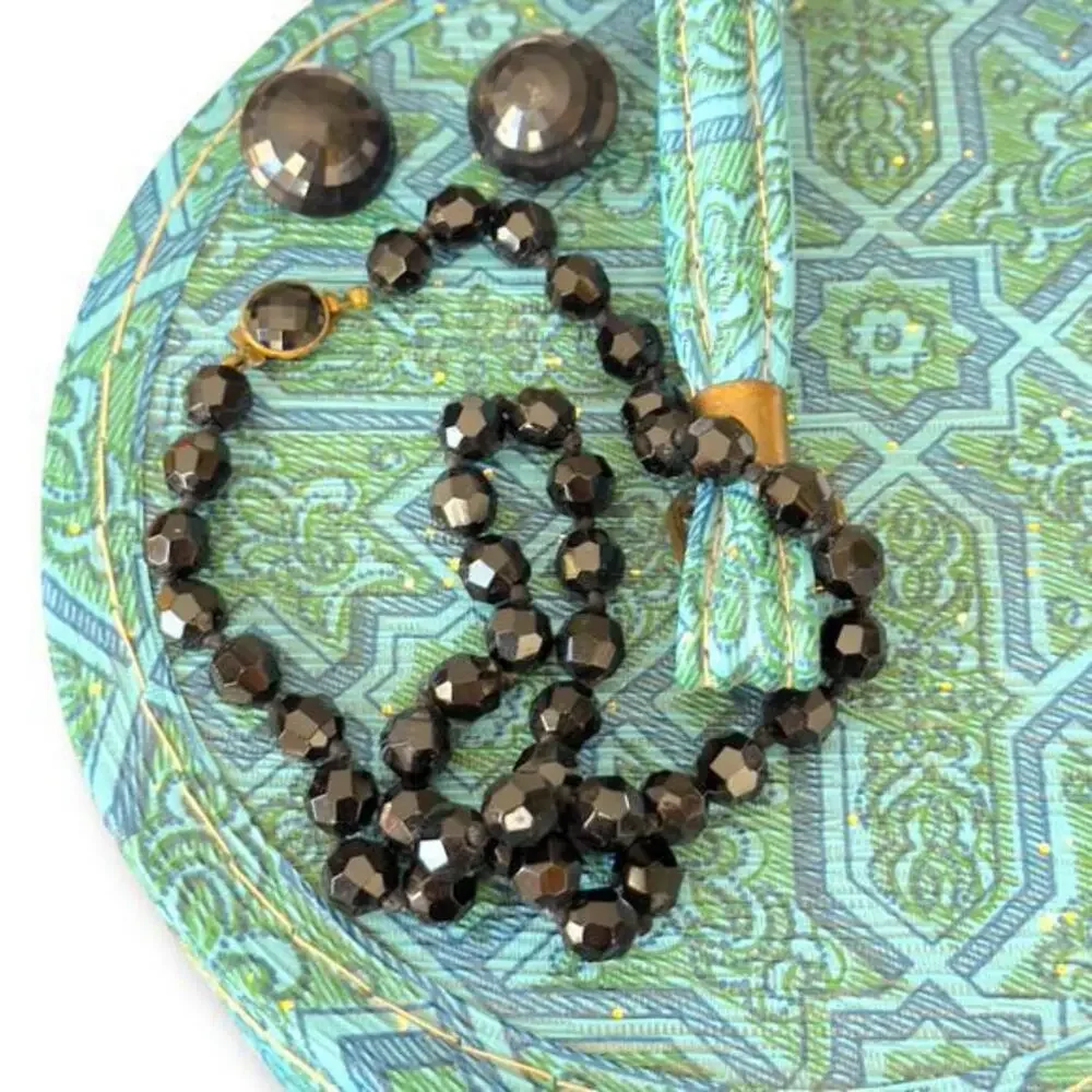 Vintage West German Marquis Clasp Jet Bead Necklace and Clip Earrings 1950s